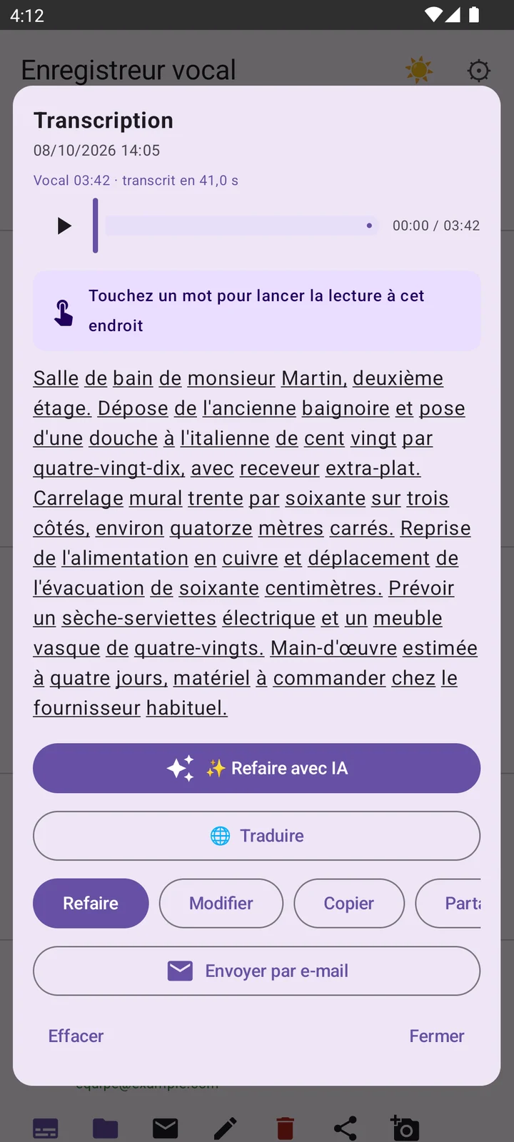 Écran de transcription : le texte dicté, mot à mot, avec la lecture