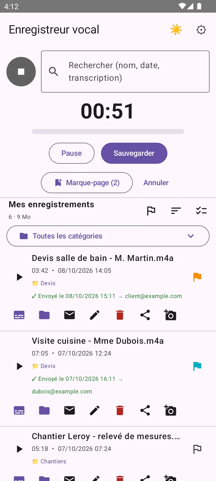 Enregistrement en cours avec pause et marque-pages
